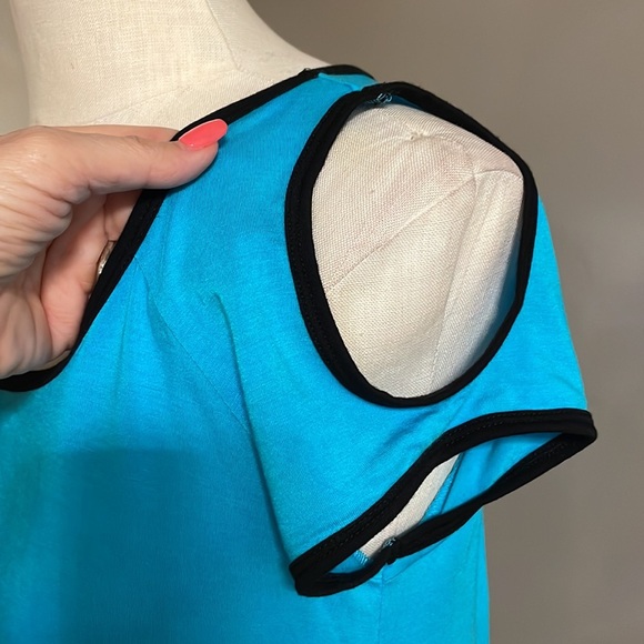 BISOU BISOU Michele Bohbot Cold Shouldet shirt sleeve top scoop neck turquoise S - Picture 2 of 9
